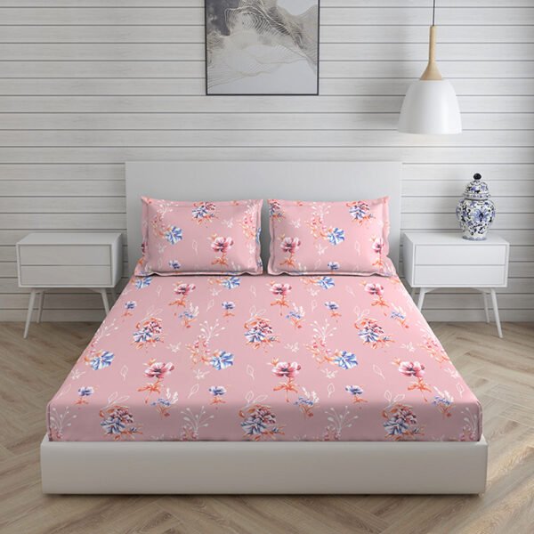 Iris Gaze Cotton Fine Peach Colored Floral Print King Bed Sheet Set