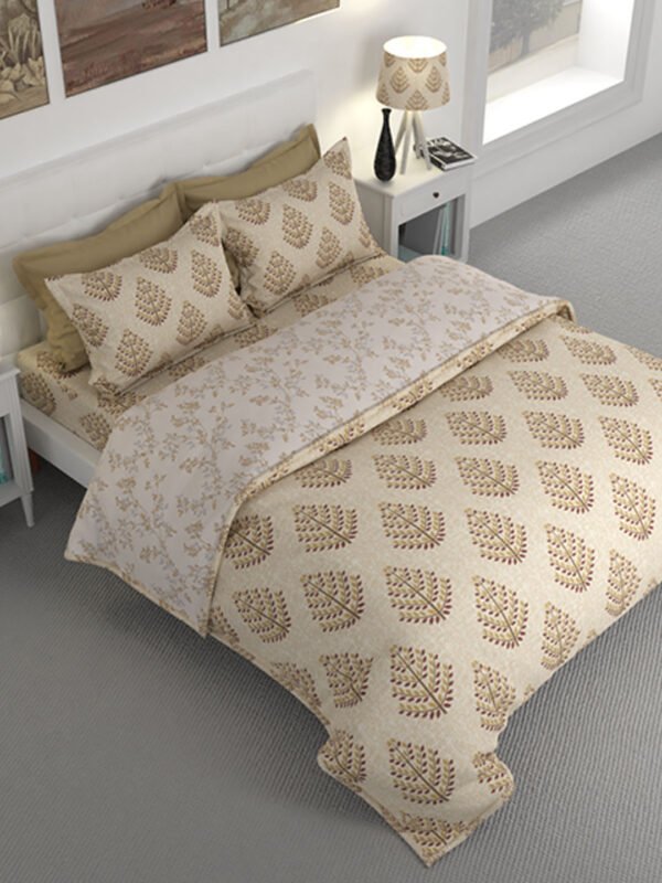 Iris Gaze Cotton Fine Beige Colored Floral Print King Bed Sheet Set