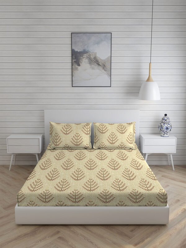Iris Gaze Cotton Fine Beige Colored Floral Print King Bed Sheet Set