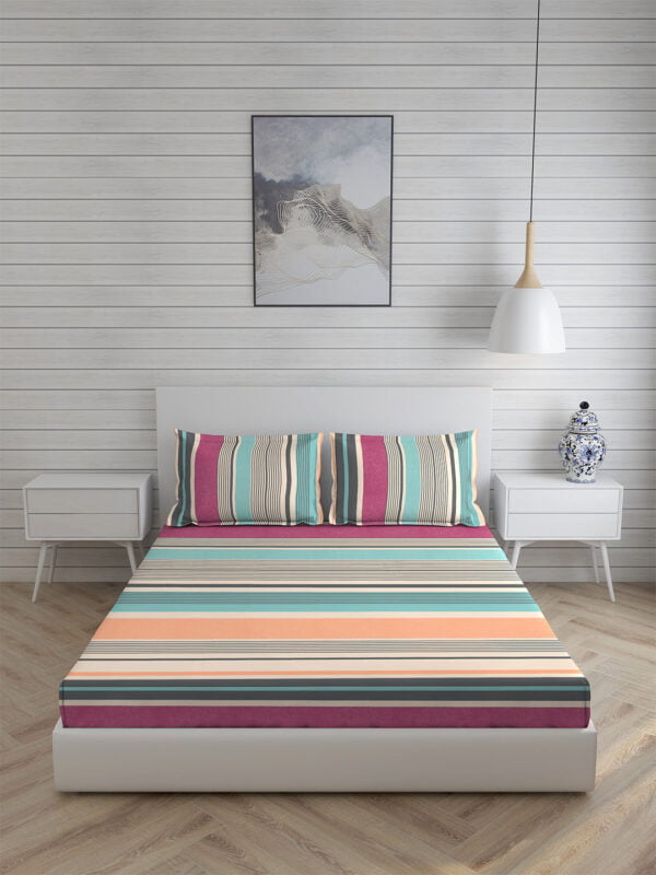 Stripe Tease Cotton Fine Multi Colored Stripes Print King Bed Sheet Set