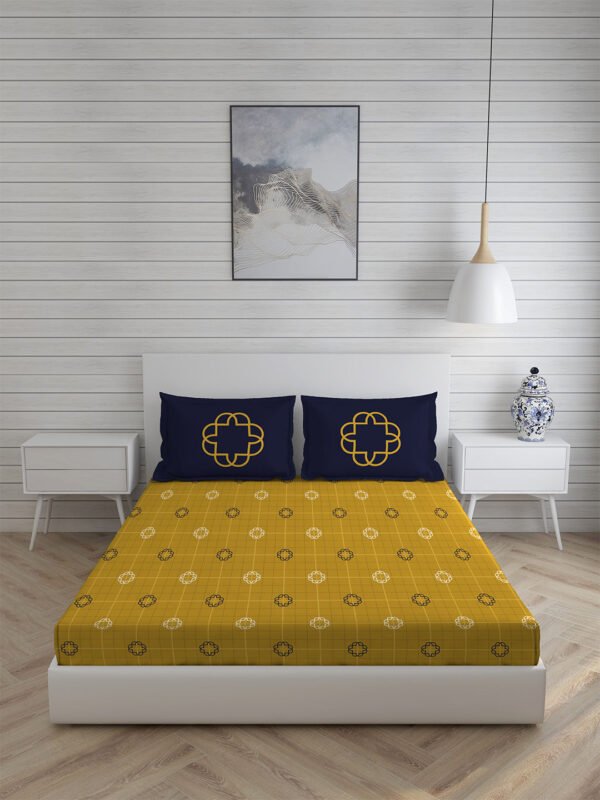 Signature 300 TC Cotton Ultra Fine Yellow Colored Geometric Print King Bed Sheet Set