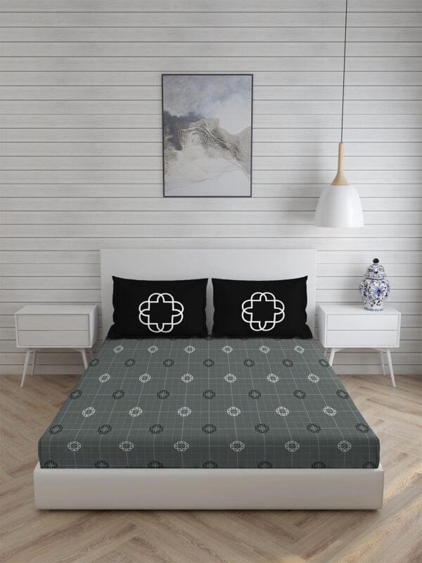Signature 300 TC Cotton Ultra Fine Grey Colored Geometric Print King Bed Sheet Set