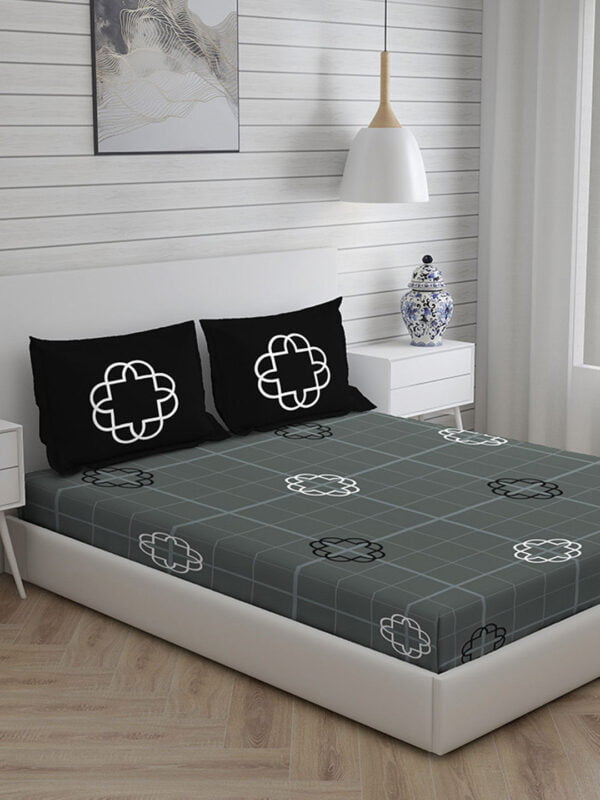 Signature 300 TC Cotton Ultra Fine Grey Colored Geometric Print King Bed Sheet Set