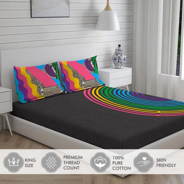 Happy Hippie 150 TC Cotton Super Fine Black Colored Abstract Print King Bed Sheet Set