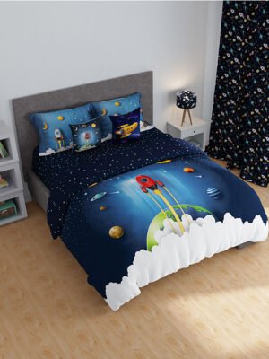 Rock & Room 100% Cotton Fine Dark Blue Colored Cartoon Print Single Bed Sheet Set