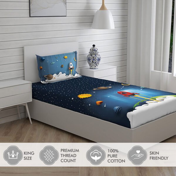 Rock & Room 100% Cotton Fine Dark Blue Colored Cartoon Print Single Bed Sheet Set