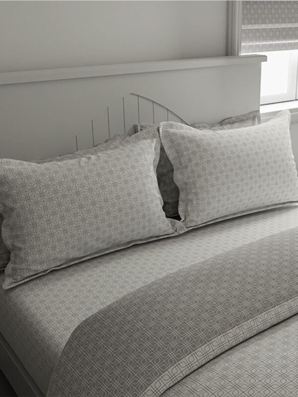 Cottage Garden-1 300 TC 100% Cotton Ultra Fine White/Grey Colored Geometric Print Double Bed Sheet Set