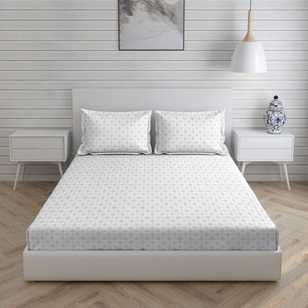 Cottage Garden-1 300 TC 100% Cotton Ultra Fine White/Grey Colored Geometric Print Double Bed Sheet Set