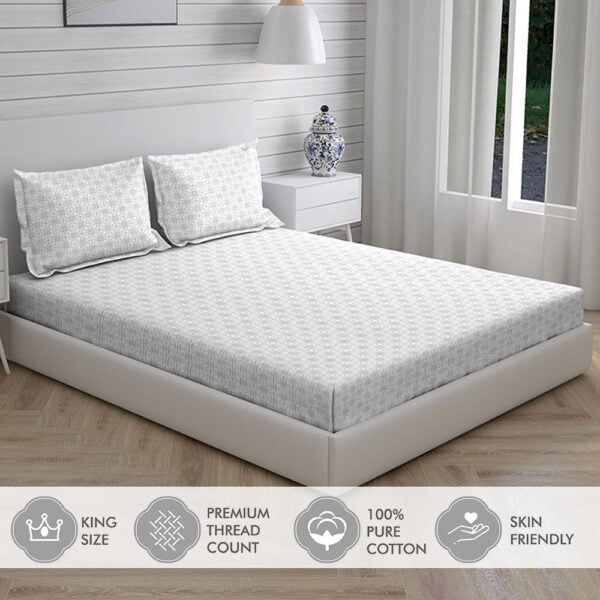 Cottage Garden-1 300 TC 100% Cotton Ultra Fine White/Grey Colored Geometric Print Double Bed Sheet Set