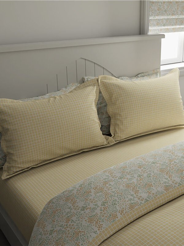 Cottage Garden-1 300 TC 100% Cotton Ultra Fine Yellow Colored Checkered Print Double Bed Sheet Set