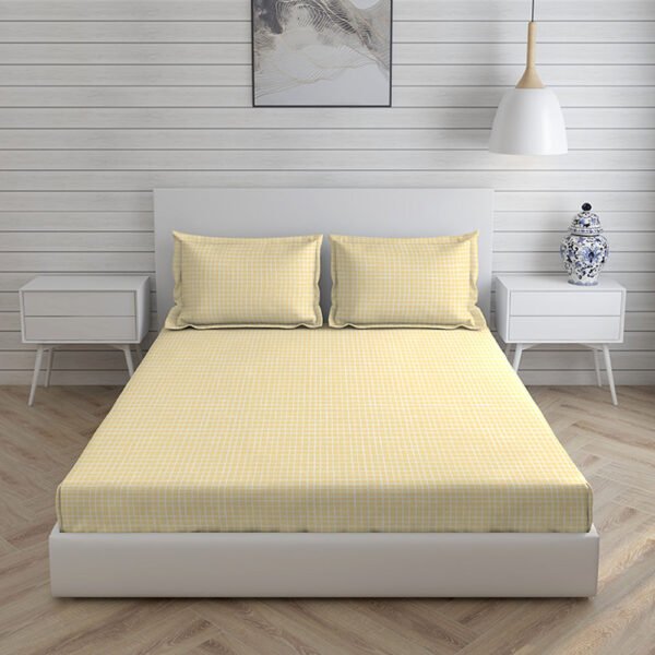 Cottage Garden-1 300 TC 100% Cotton Ultra Fine Yellow Colored Checkered Print Double Bed Sheet Set