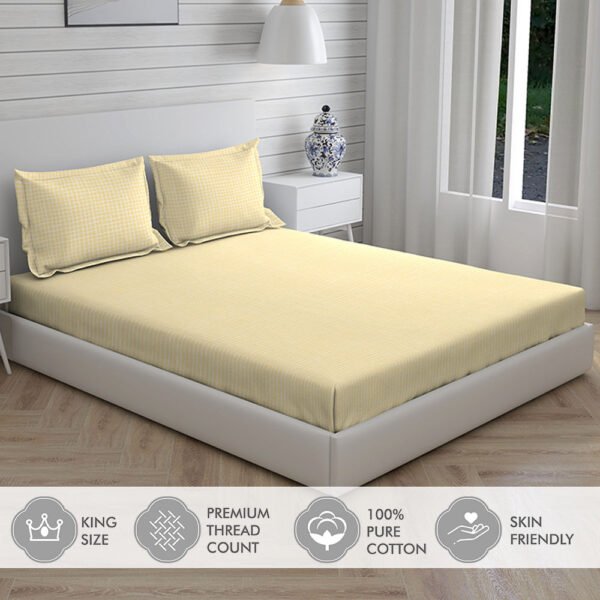 Cottage Garden-1 300 TC 100% Cotton Ultra Fine Yellow Colored Checkered Print Double Bed Sheet Set
