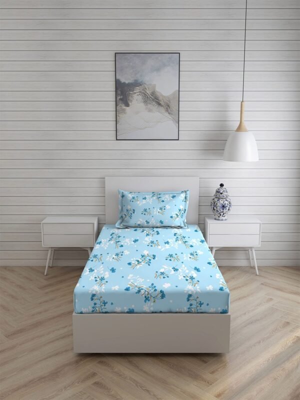 Iris Gaze-1 100% Cotton Fine Blue Colored Floral Print Single Bed Sheet Set