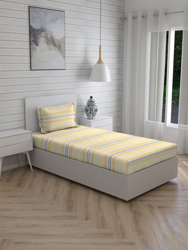 Iris Gaze-1 100% Cotton Fine Yellow Colored Stripes Print Single Bed Sheet Set