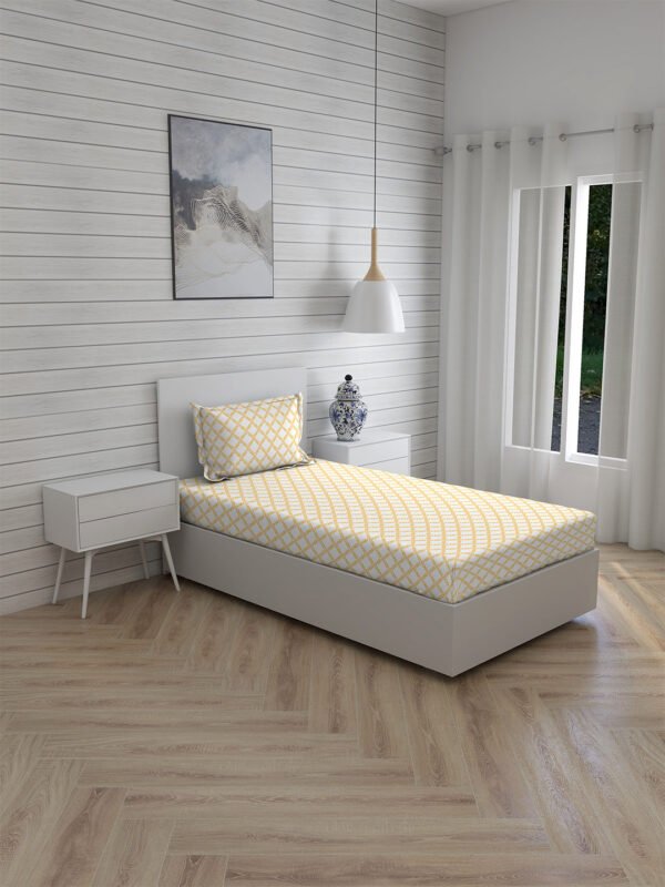 Iris Gaze-1 100% Cotton Fine White/Yellow Colored Ethnic Print Single Bed Sheet Set