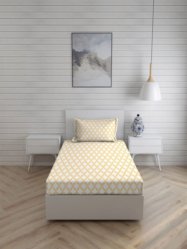 Iris Gaze-1 100% Cotton Fine White/Yellow Colored Ethnic Print Single Bed Sheet Set