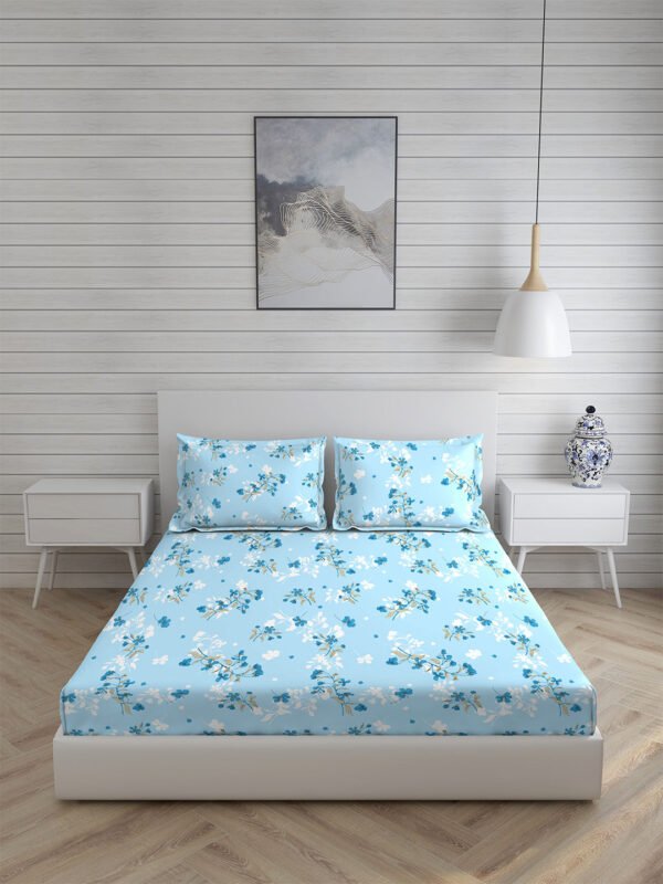 Iris Gaze-1 100% Cotton Fine Blue Colored Floral Print King Bed Sheet Set