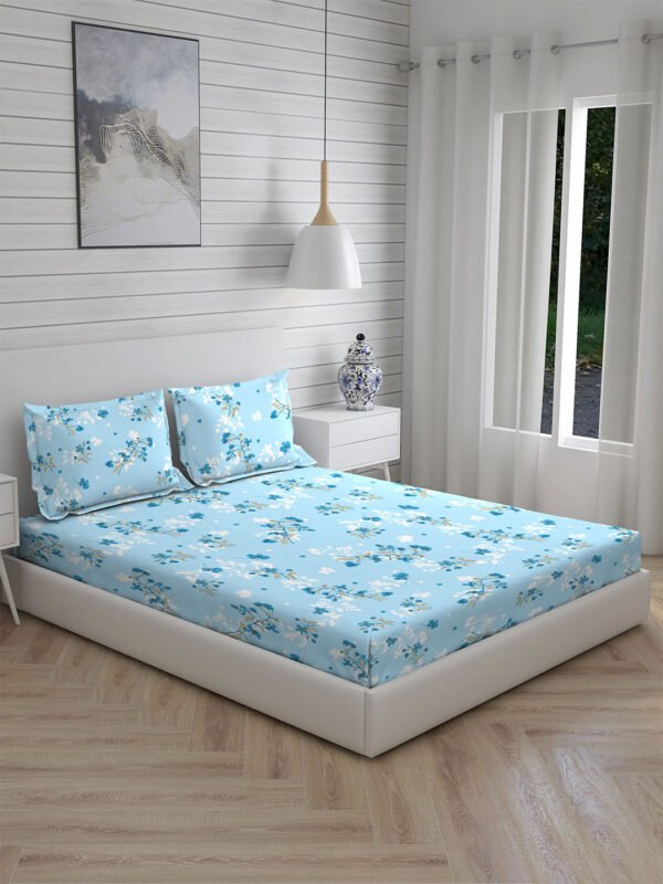 Iris Gaze-1 100% Cotton Fine Blue Colored Floral Print King Bed Sheet Set