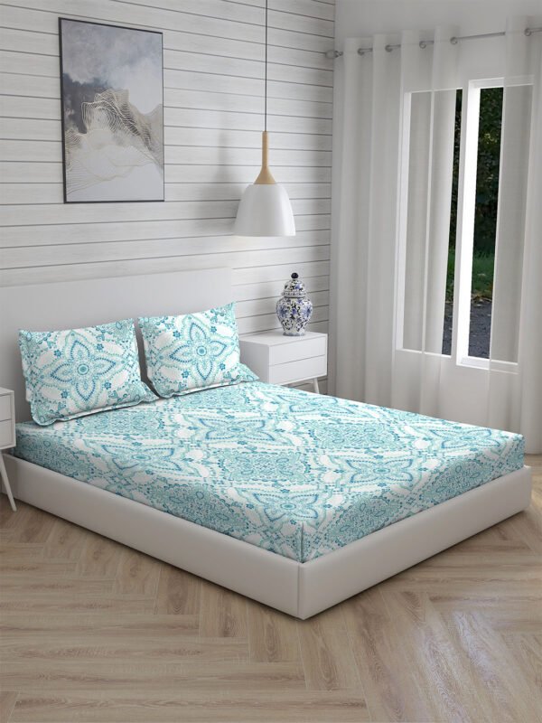 Iris Gaze-1 100% Cotton Fine Blue Colored Ethnic Print King Bed Sheet Set