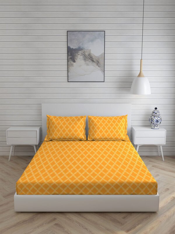 Iris Gaze-1 100% Cotton Fine Orange Colored Ethnic Print King Bed Sheet Set