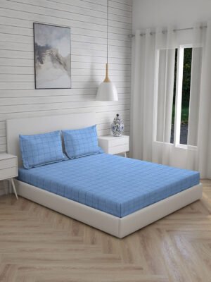 Wizard 100% Cotton Fine Blue Colored Checkered Print King Bed Sheet Set