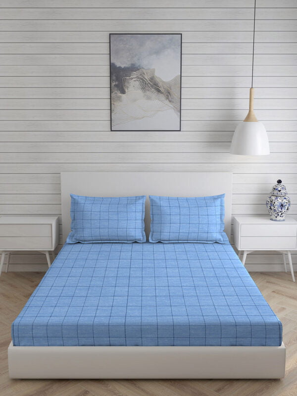Wizard 100% Cotton Fine Blue Colored Checkered Print King Bed Sheet Set