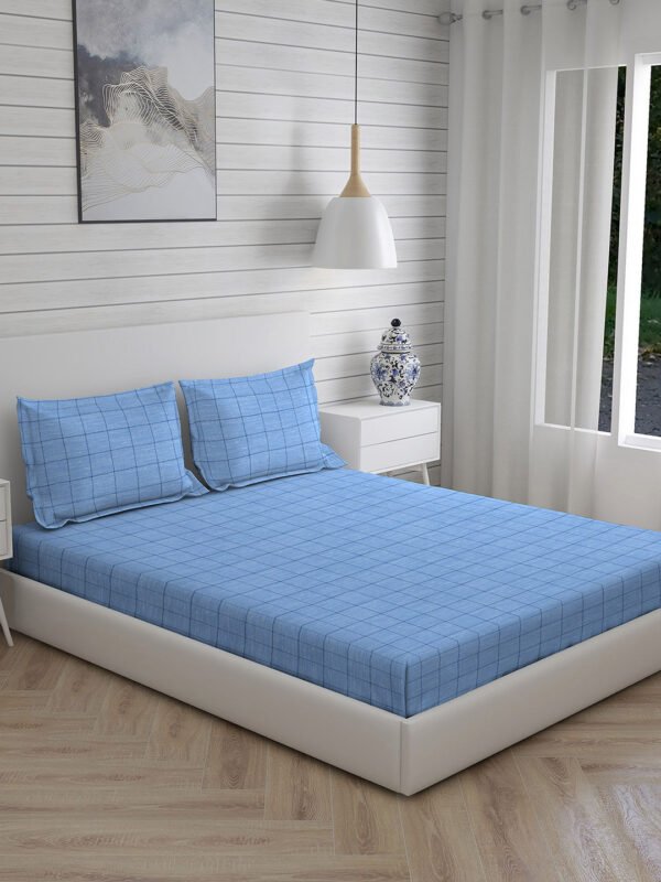 Wizard 100% Cotton Fine Blue Colored Checkered Print King Bed Sheet Set