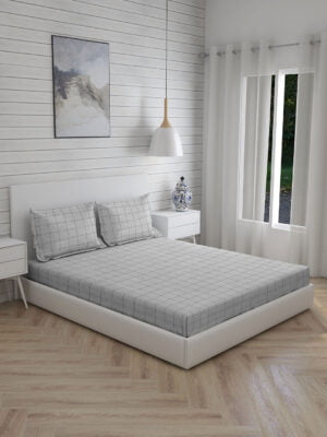 Wizard 100% Cotton Fine Grey Colored Checkered Print King Bed Sheet Set