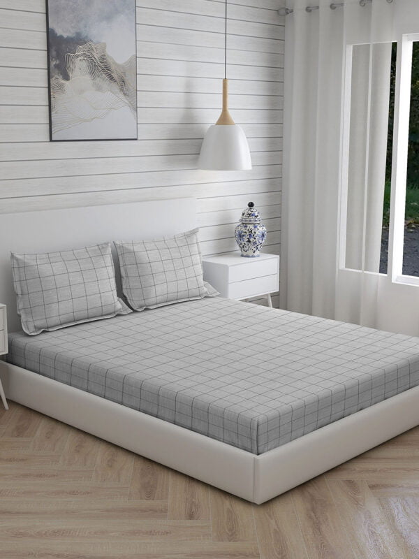 Wizard 100% Cotton Fine Grey Colored Checkered Print King Bed Sheet Set