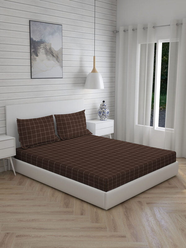 Wizard 100% Cotton Fine Coffee Brown Colored Checkered Print King Bed Sheet Set