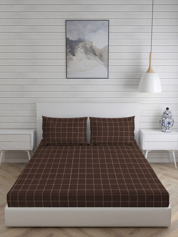 Wizard 100% Cotton Fine Coffee Brown Colored Checkered Print King Bed Sheet Set