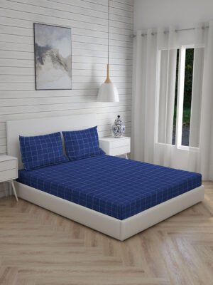 Wizard 100% Cotton Fine Blue Colored Checkered Print King Bed Sheet Set