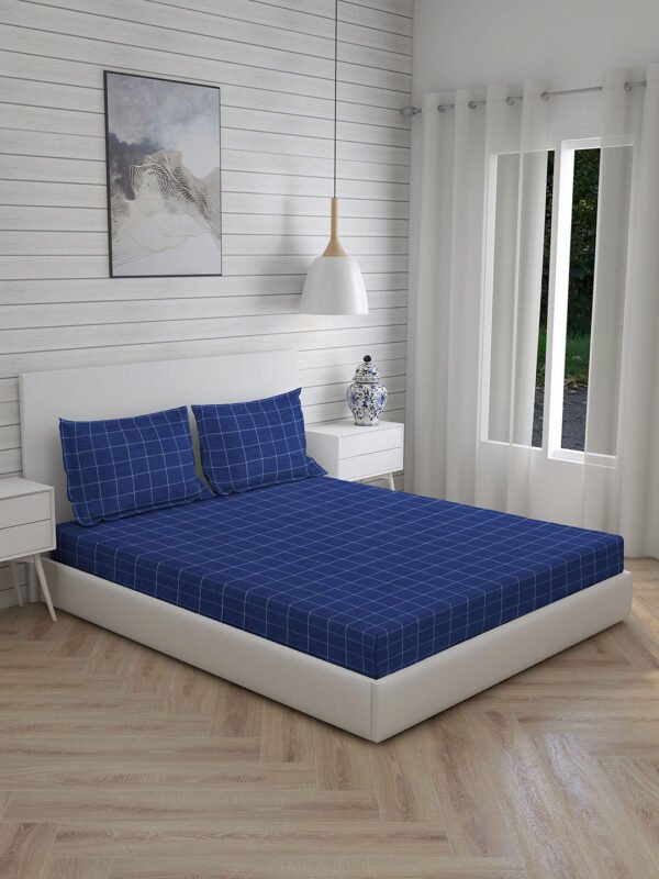 Wizard 100% Cotton Fine Blue Colored Checkered Print King Bed Sheet Set