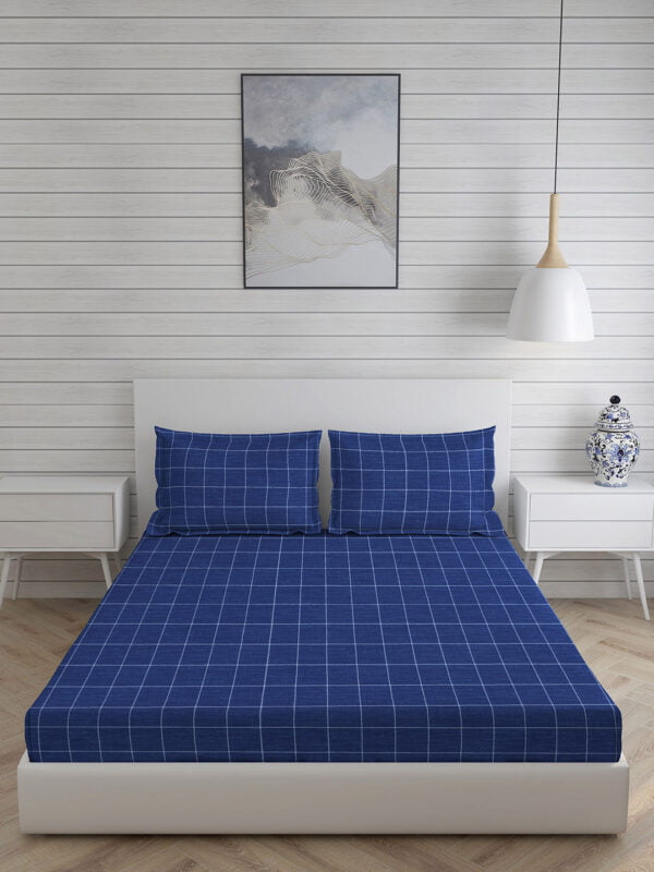 Wizard 100% Cotton Fine Blue Colored Checkered Print King Bed Sheet Set