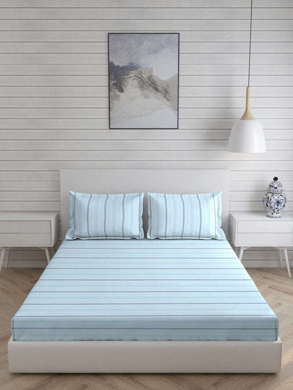 Wizard 100% Cotton Fine Blue Colored Stripes Print King Bed Sheet Set