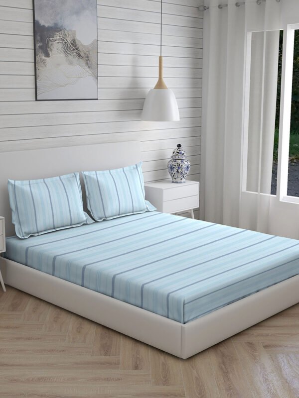 Wizard 100% Cotton Fine Blue Colored Stripes Print King Bed Sheet Set