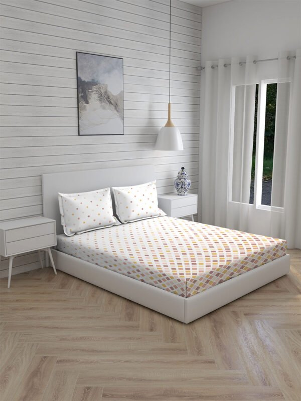 Akira -1 225 TC Chief Value Cotton Super Fine White/Brown Colored Geometric Print King Bed Sheet Set
