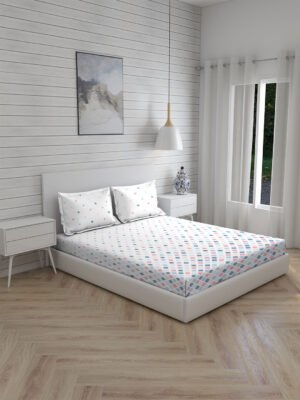 Akira -1 225 TC Chief Value Cotton Super Fine White/Blue Colored Geometric Print King Bed Sheet Set