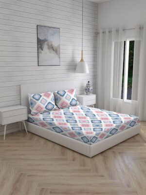 Akira -1 225 TC Chief Value Cotton Super Fine White/Blue Colored Ethnic Print King Bed Sheet Set