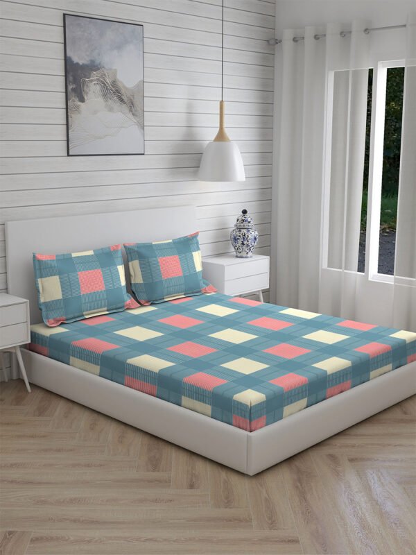 Akira -1 225 TC Chief Value Cotton Super Fine Blue Colored Checkered Print King Bed Sheet Set
