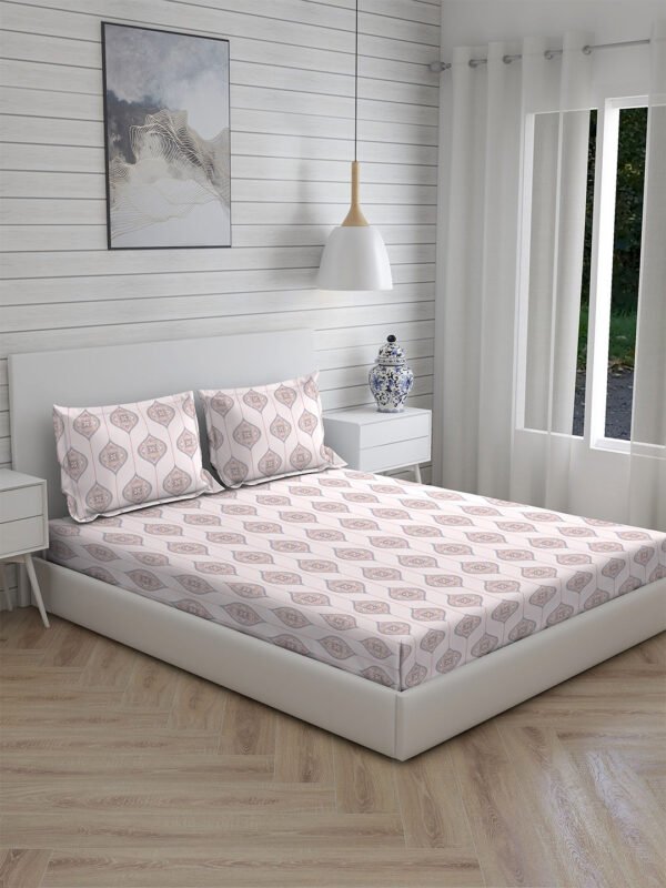 Akira -1 225 TC Chief Value Cotton Super Fine Ivory Colored Ethnic Print King Bed Sheet Set