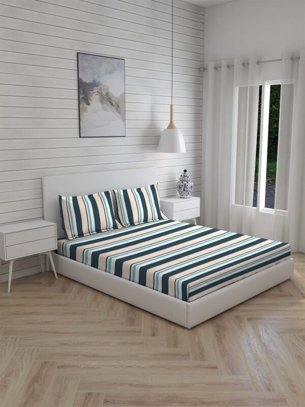 Akira 2 225 TC Chief Value Cotton Super Fine Blue Colored Stripes Print King Bed Sheet Set