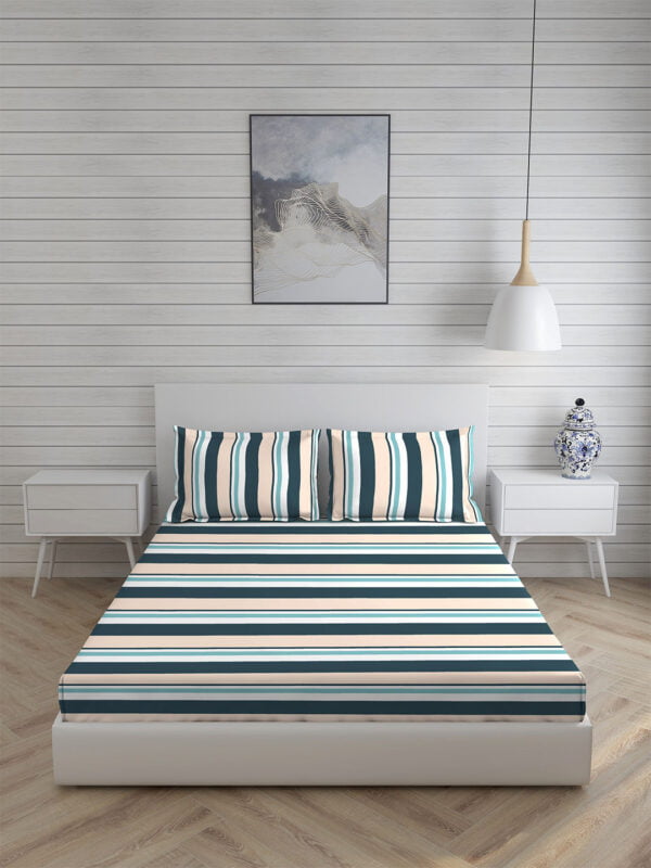 Akira 2 225 TC Chief Value Cotton Super Fine Blue Colored Stripes Print King Bed Sheet Set