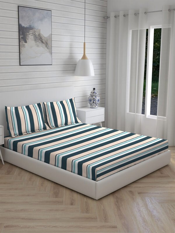 Akira 2 225 TC Chief Value Cotton Super Fine Blue Colored Stripes Print King Bed Sheet Set
