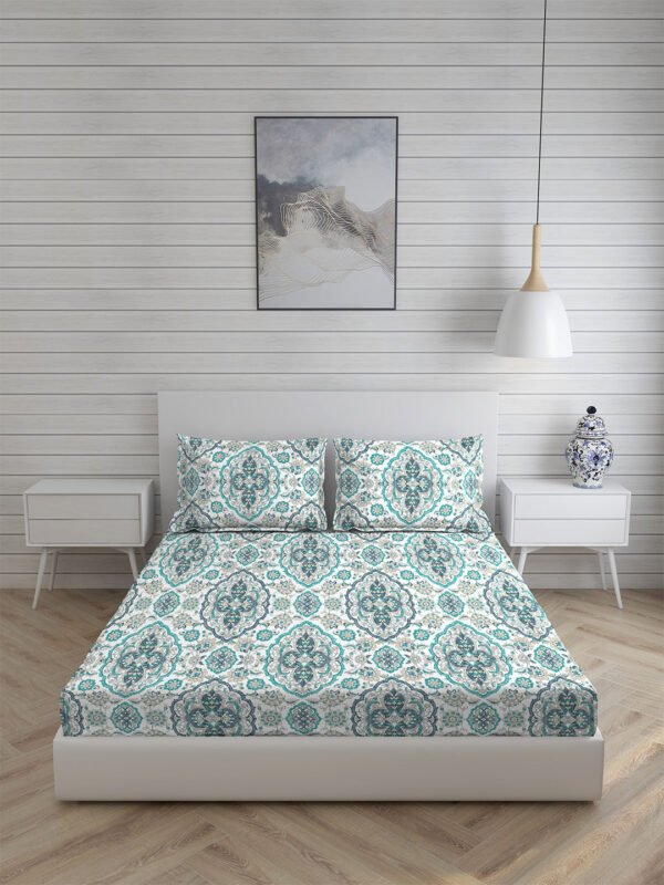 Akira 2 225 TC Chief Value Cotton Super Fine Green Colored Ethnic Print Double Bed Sheet Set