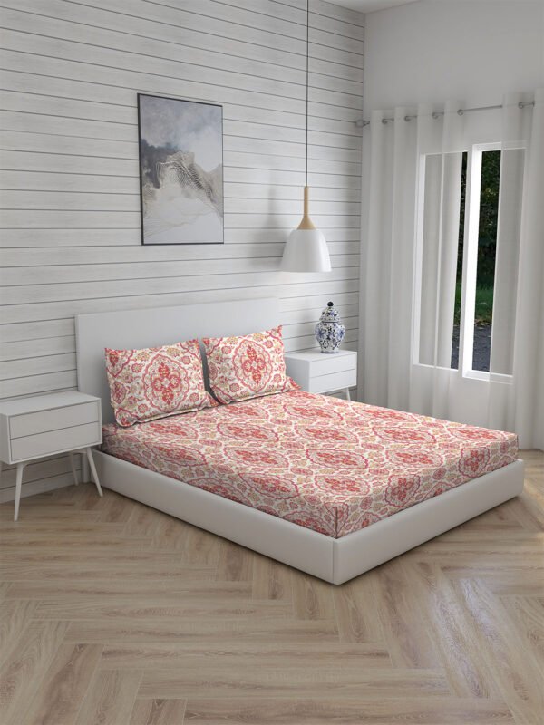 Akira 2 225 TC Chief Value Cotton Super Fine Red Colored Ethnic Print Double Bed Sheet Set
