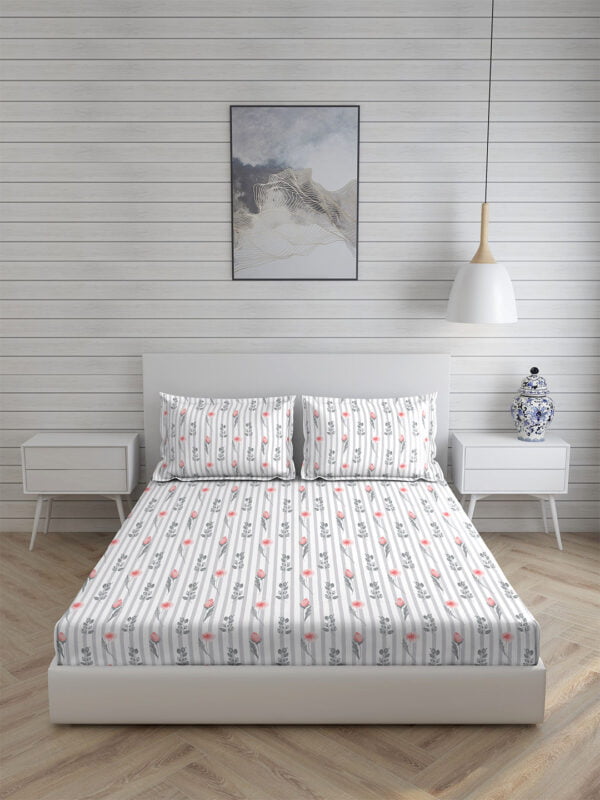 Akira 2 225 TC Chief Value Cotton Super Fine White/Grey Colored Floral Print Double Bed Sheet Set
