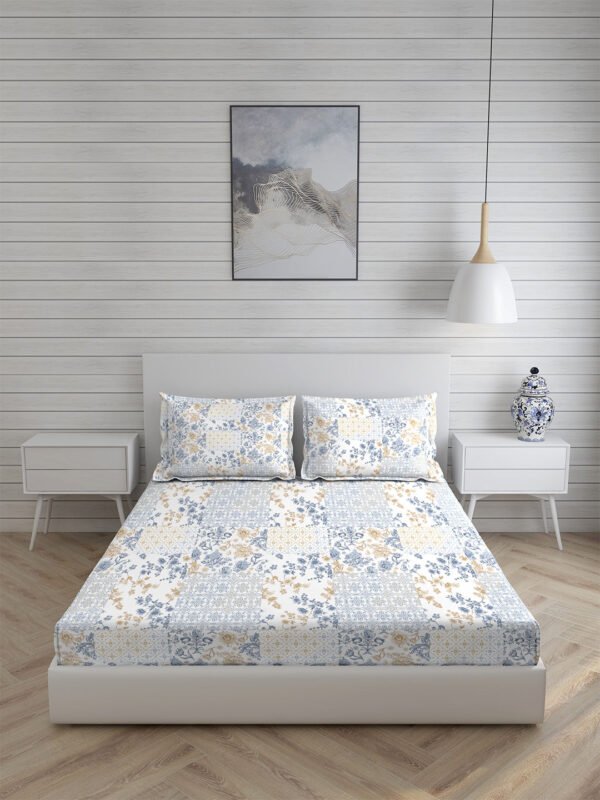 Cottage Garden-2 300 TC 100% Cotton Ultra Fine White/Blue Colored Floral Print Double Bed Sheet Set