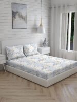 Cottage Garden-2 300 TC 100% Cotton Ultra Fine White/Blue Colored Floral Print Double Bed Sheet Set