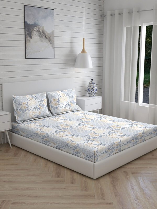 Cottage Garden-2 300 TC 100% Cotton Ultra Fine White/Blue Colored Floral Print Double Bed Sheet Set